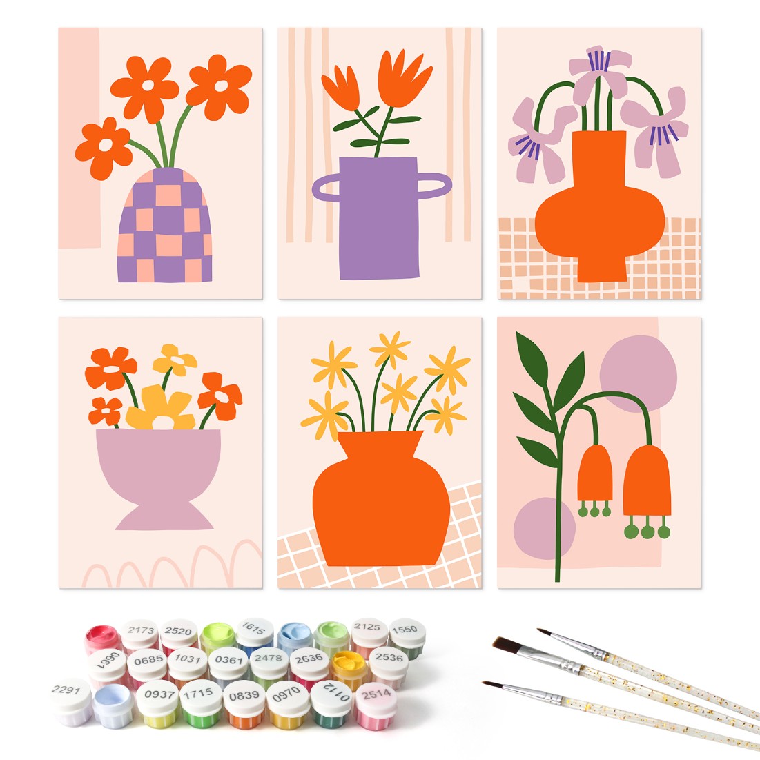 6 Mini-Gemälde auf Holzplatte – Vase voller Blüten Set - Malen nach Zahlen