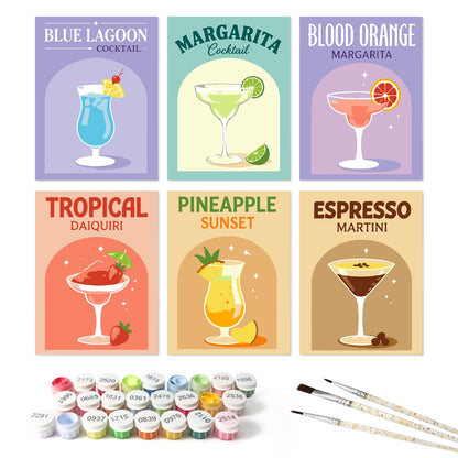 6 Mini-Gemälde auf Holzplatte – Bunte Cocktails Set - Malen nach Zahlen