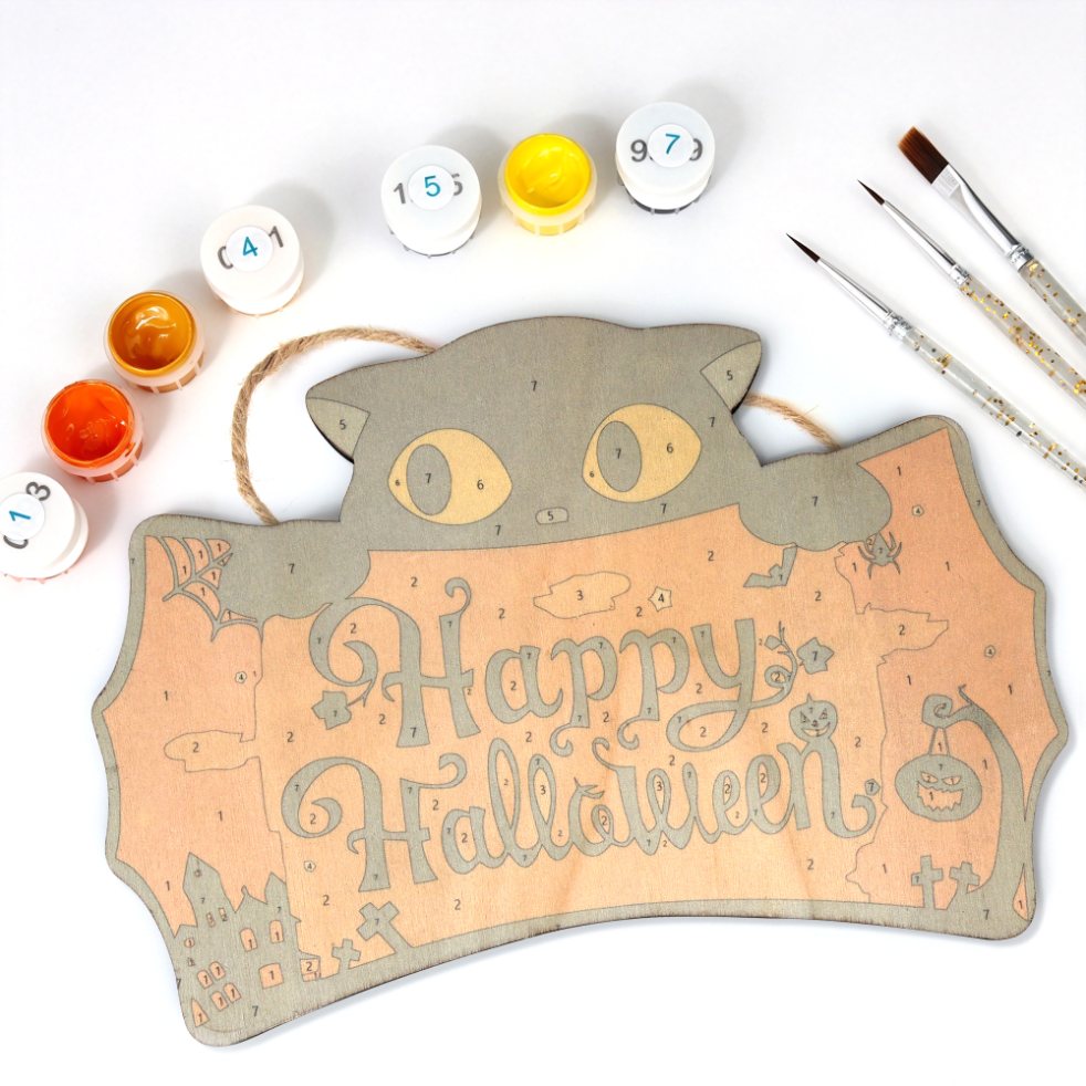 Halloween Katze – Malen nach Zahlen Holzanhänger