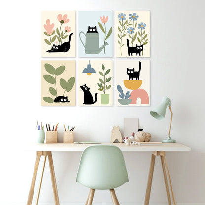 6 Mini-Gemälde auf Holzplatte – Katzen zwischen Pflanzen Set