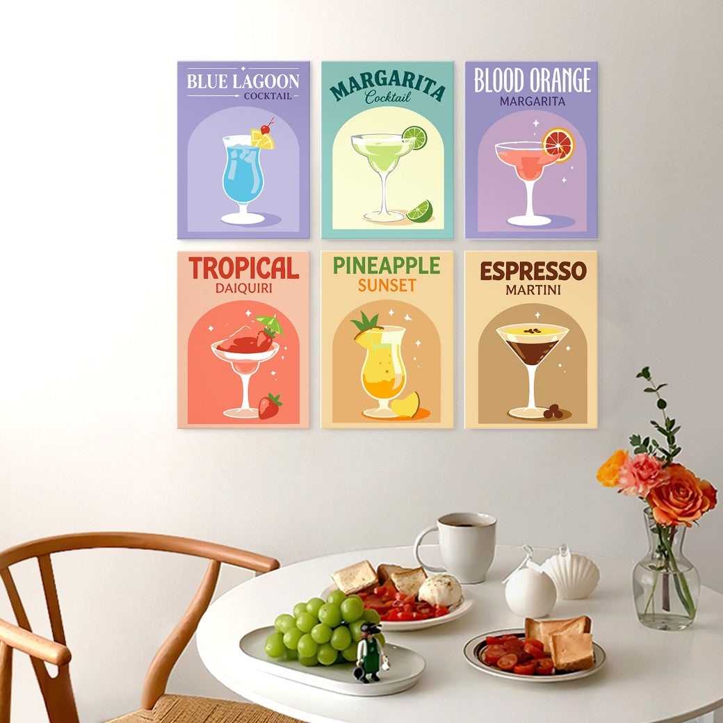 6 Mini-Gemälde auf Holzplatte – Bunte Cocktails Set