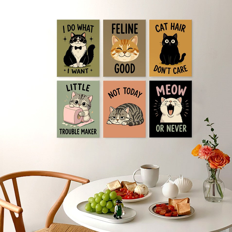 6 Mini-Gemälde auf Holzplatte – Freche Katzen Set