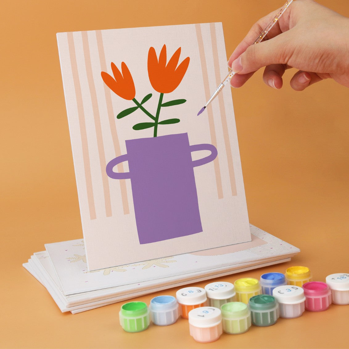6 Mini-Gemälde auf Holzplatte – Vase voller Blüten Set
