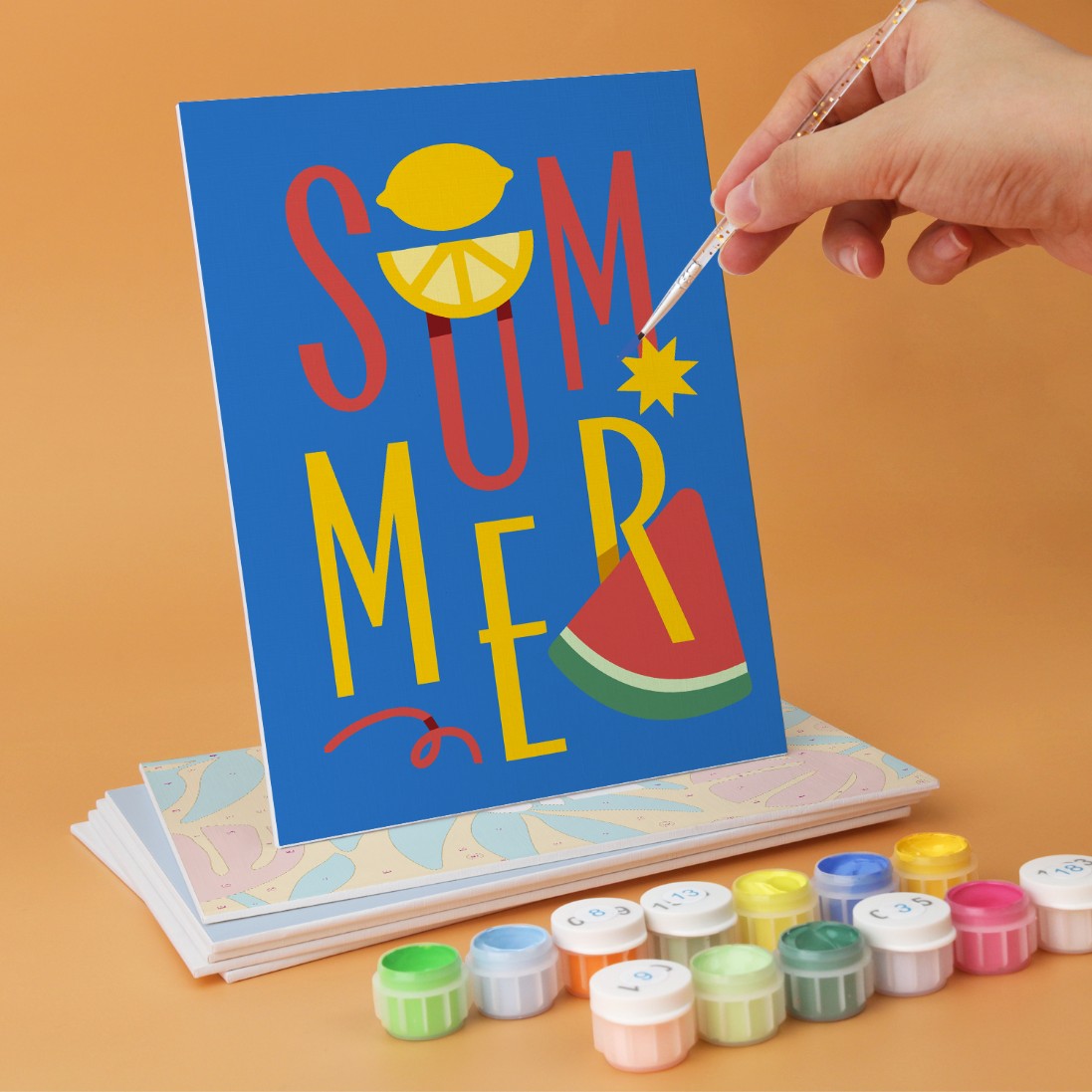 6 Mini-Gemälde auf Holzplatte – Sommerlicher Sonnenuntergang Set