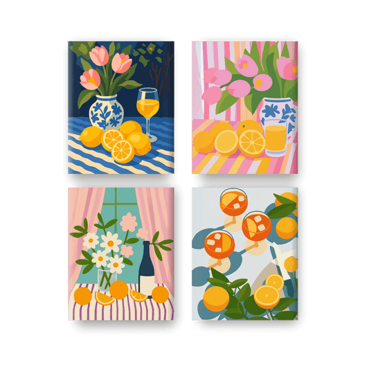 4 Mini-Gemälde | Blumen & Getränke Set - Malen nach Zahlen