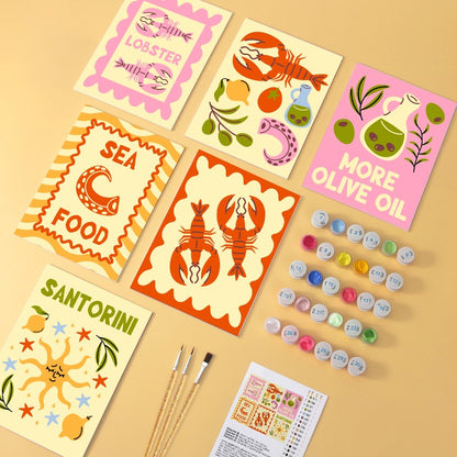 6 Mini-Gemälde auf Holzplatte – Mediterraner Fang Set