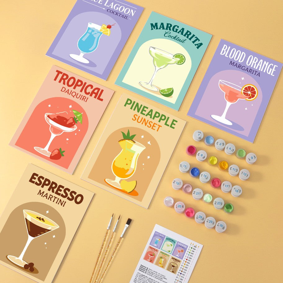 6 Mini-Gemälde auf Holzplatte – Bunte Cocktails Set