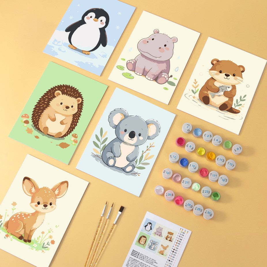 6 Mini-Gemälde auf Holzplatte – Kleine Tierfreunde Set