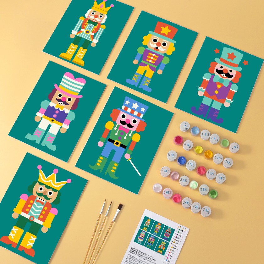 6 Mini-Gemälde auf Holzplatte – Nussknacker Set