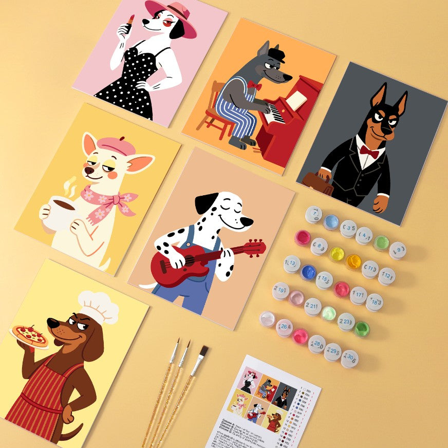6 Mini-Gemälde auf Holzplatte – Schicke Hunde Set