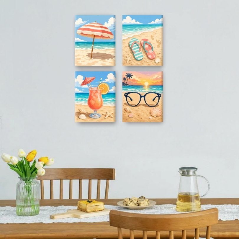4 Mini-Gemälde | Strand & Sonnenbrille Set