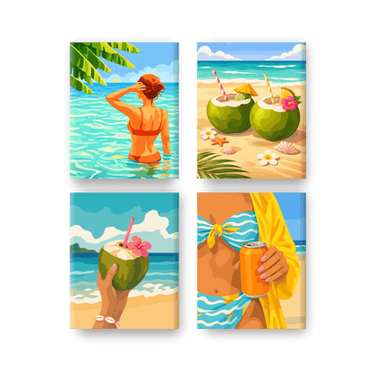 4 Mini-Gemälde | Kokosnüsse & Strand Set - Malen nach Zahlen