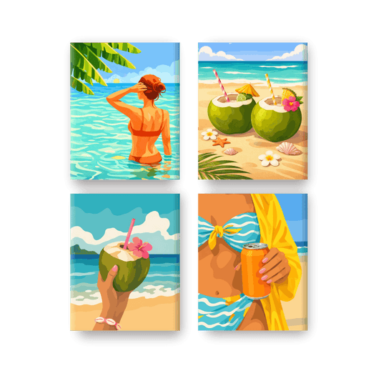 4 Mini-Gemälde | Kokosnüsse & Strand Set - Malen nach Zahlen