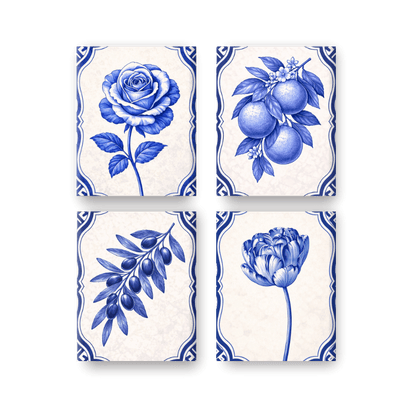 4 Mini-Gemälde | Delft Blaue Pflanzen Set - Malen nach Zahlen