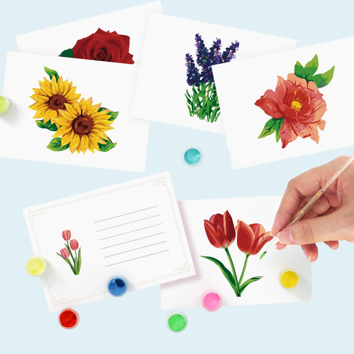 Malen nach Zahlen - 5 Postkarten – Blumen Set