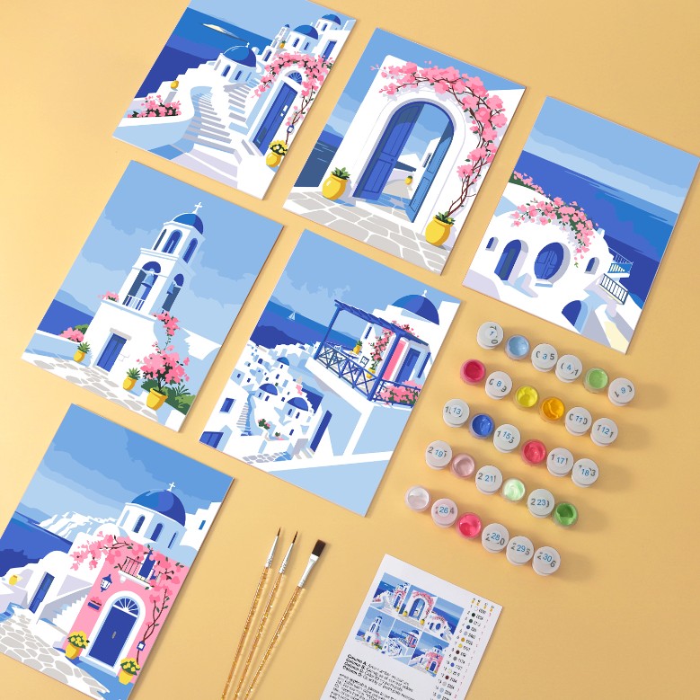 6 Mini-Gemälde auf Holzplatte – Santorin-Traum Set