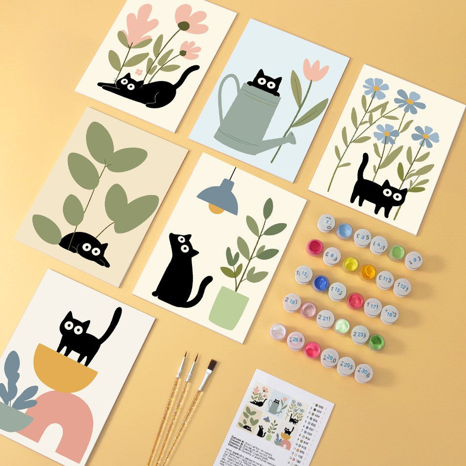 6 Mini-Gemälde auf Holzplatte – Katzen zwischen Pflanzen Set