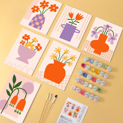 6 Mini-Gemälde auf Holzplatte – Vase voller Blüten Set