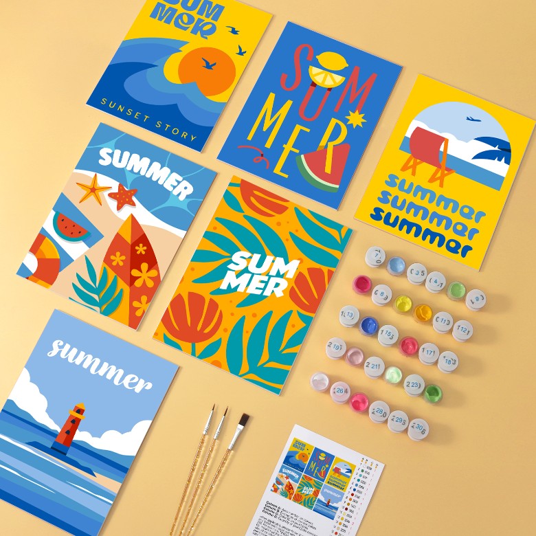 6 Mini-Gemälde auf Holzplatte – Sommerlicher Sonnenuntergang Set
