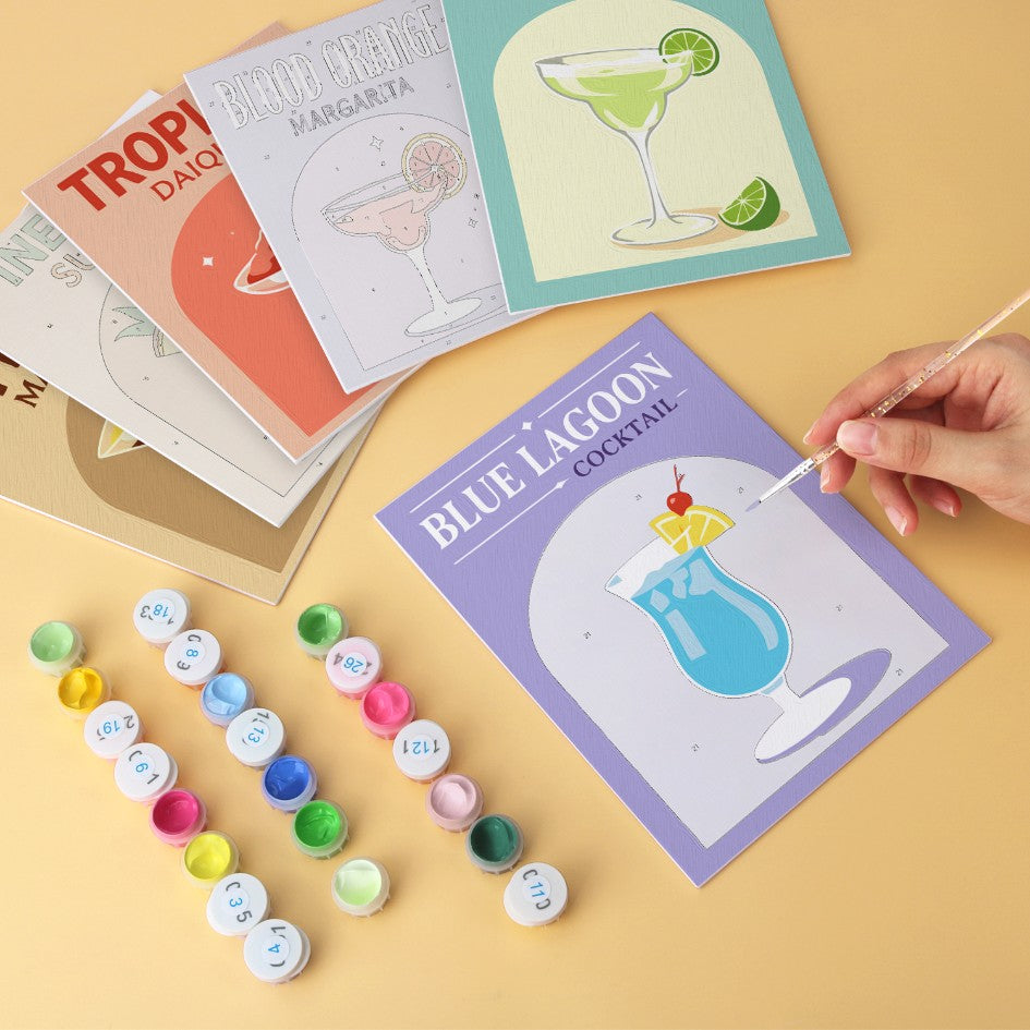 6 Mini-Gemälde auf Holzplatte – Bunte Cocktails Set