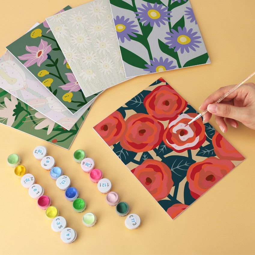 6 Mini-Gemälde auf Holzplatte – Kräftige Blüten Set