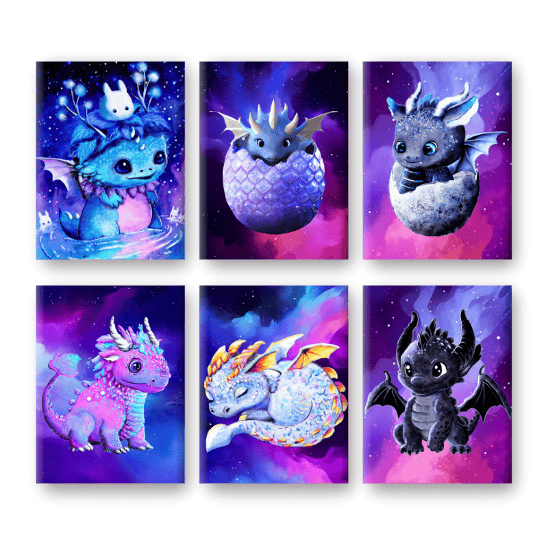 Malen nach Zahlen - 6 Mini-Gemälde | Little Dragons Set - by Tiny Tami