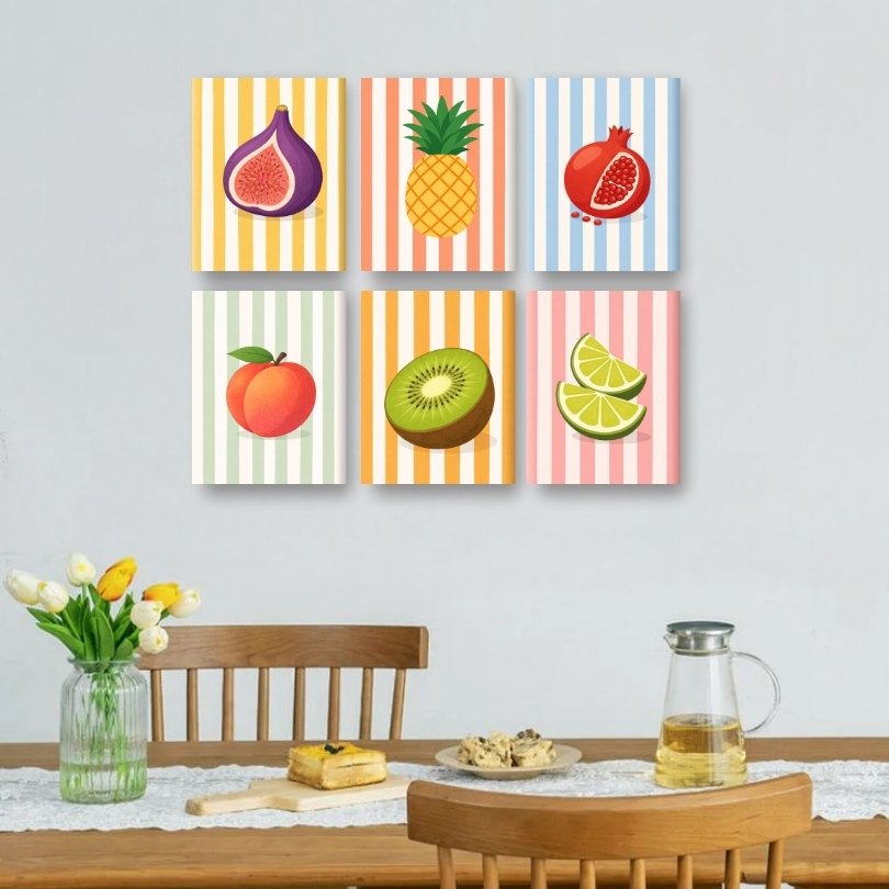 6 Mini-Gemälde | Gestreifte Früchte Set