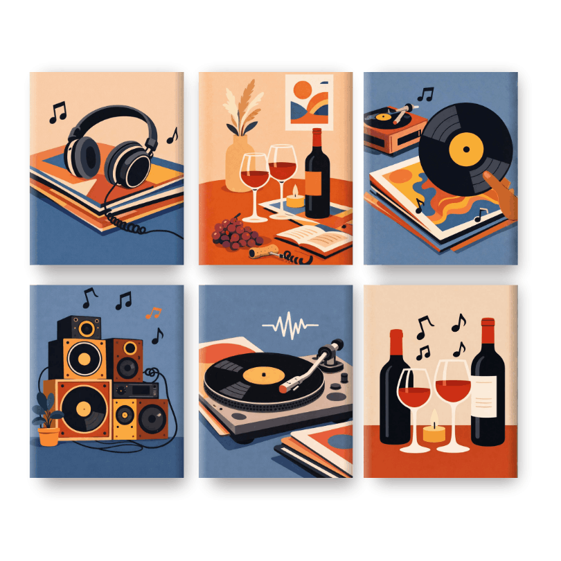 6 Mini-Gemälde | Musik & Wein Set - Malen nach Zahlen