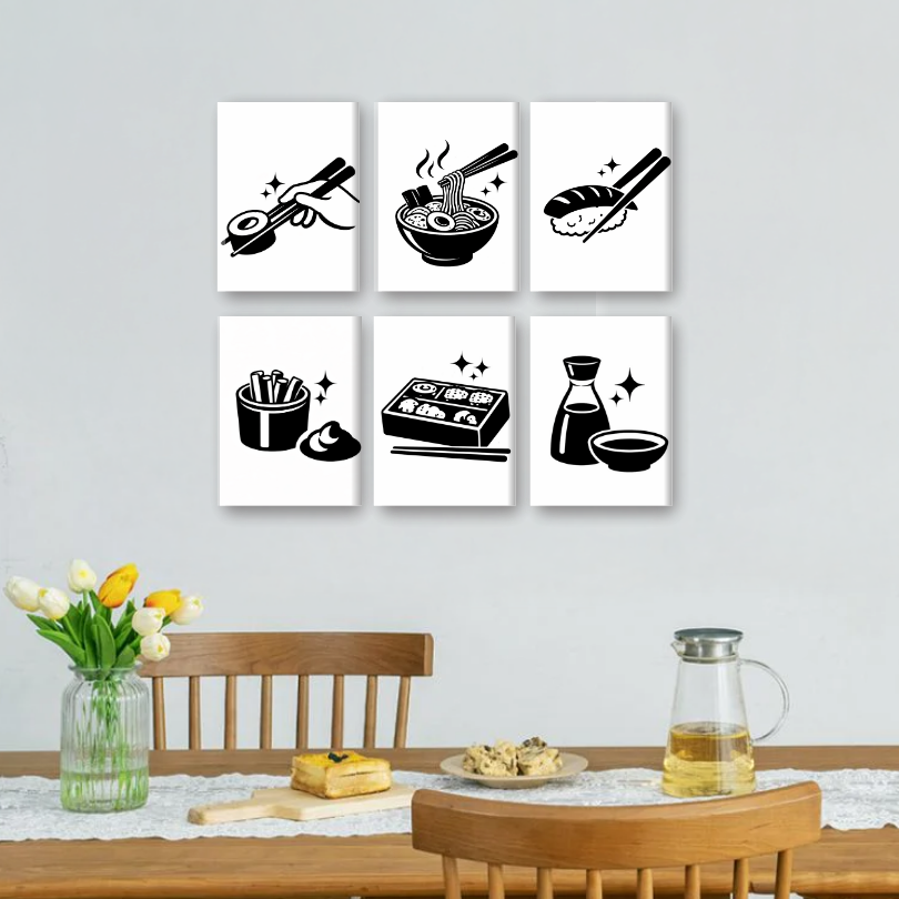 6 Mini-Gemälde | Schwarz-Weiß-Sushi Set