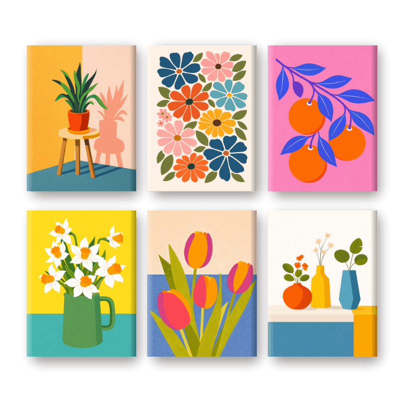6 Mini-Gemälde | Botanische Blumen & Pflanzen Set-Malen nach zahlen