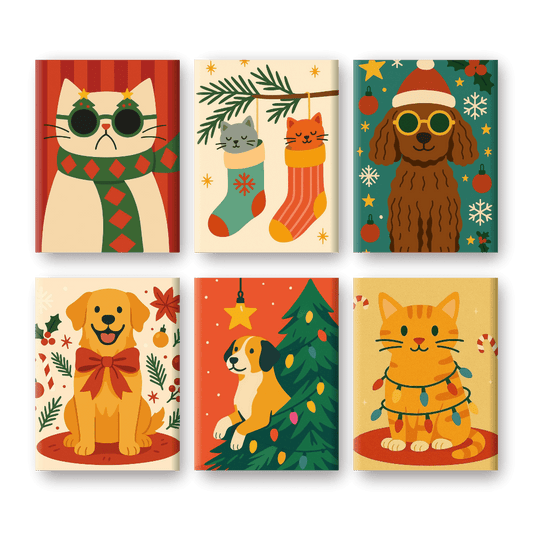 6 Mini-Gemälde | Katzen und Hunde Weihnachts Set-Malen nach zahlen