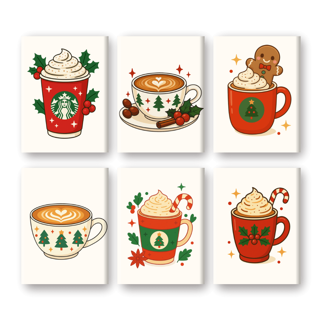 6 Mini-Gemälde | Weihnachtskaffee Set-Malen nach zahlen