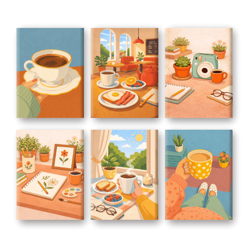 6 Mini-Gemälde | Kaffeerituale Set-Malen nach zahlen