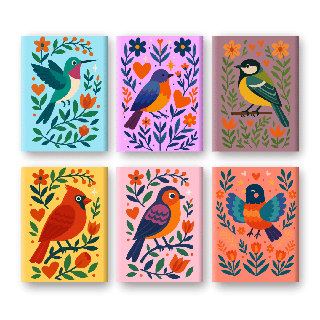 6 Mini-Gemälde | Bunte-Vögel Set-Malen nach zahlen