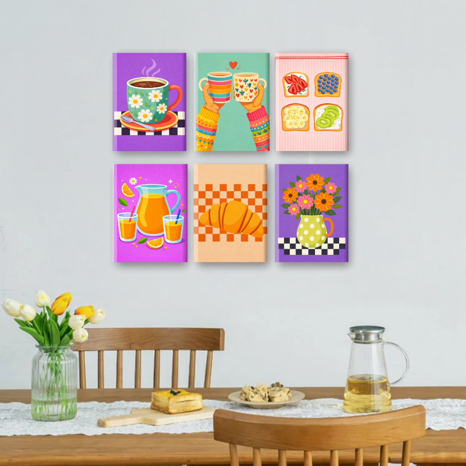 6 Mini-Gemälde | Buntes Frühstücks Set