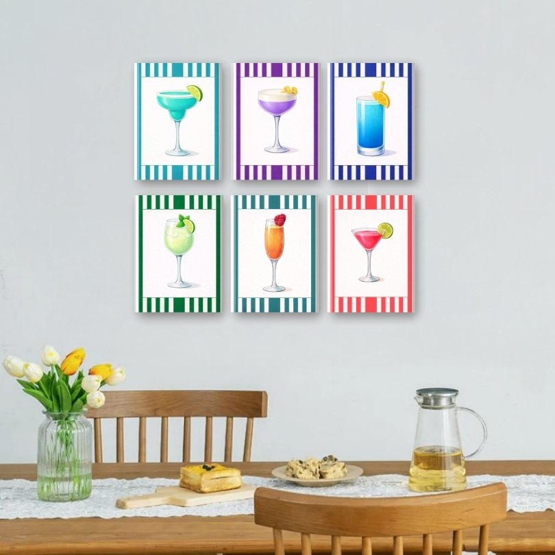 6 Mini-Gemälde | Buntes Gestreiftes Cocktail-Set