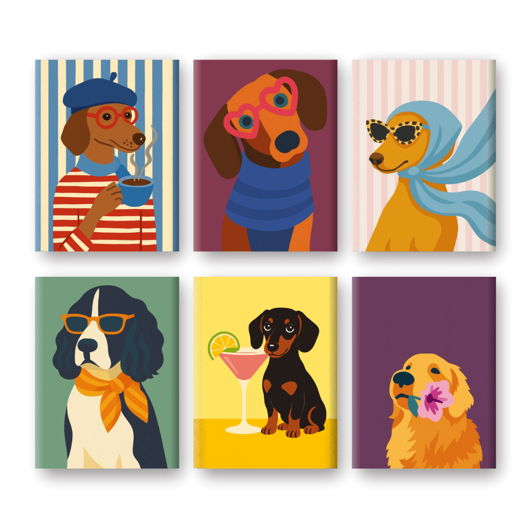 6 Mini-Gemälde | Schicke Hunde Set-Malen nach zahlen
