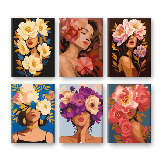 6 Mini-Gemälde | Blumen-Damen Set-Malen nach zahlen