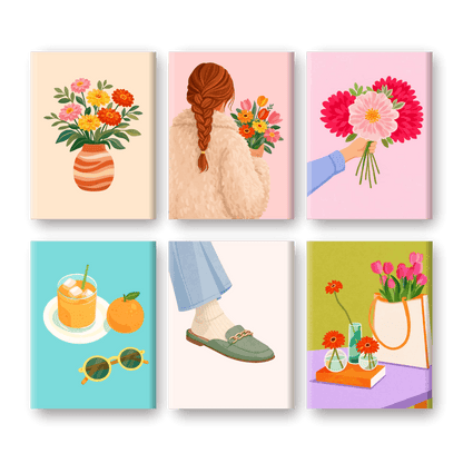 6 Mini-Gemälde | Blumen & Mode Set-Malen nach zahlen