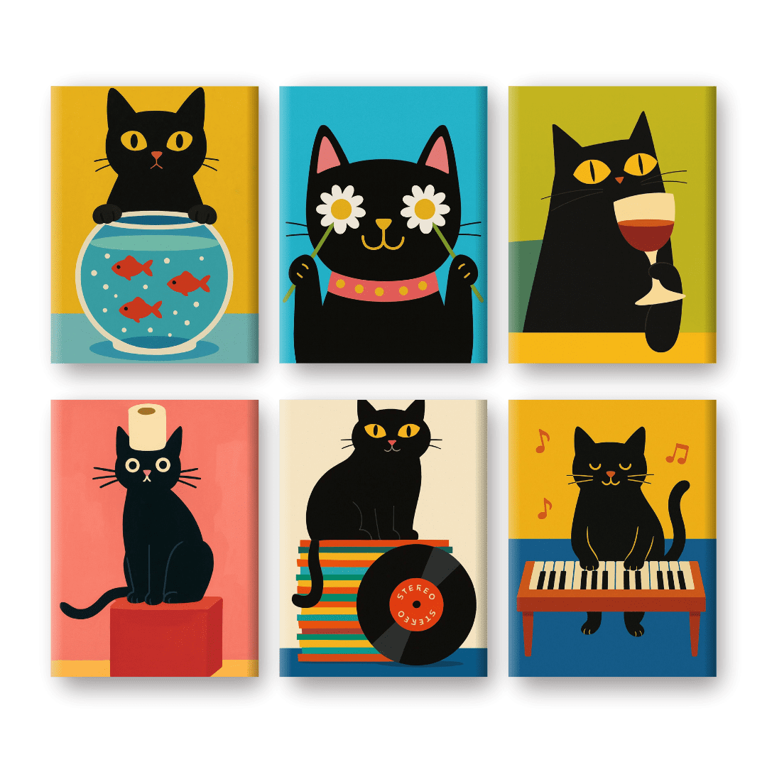 6 Mini-Gemälde | Lustiges Schwarzes Katzen Set-Malen nach zahlen