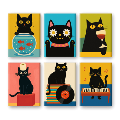 6 Mini-Gemälde | Lustiges Schwarzes Katzen Set-Malen nach zahlen
