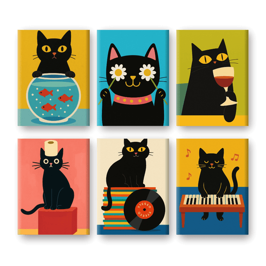 6 Mini-Gemälde | Lustiges Schwarzes Katzen Set-Malen nach zahlen