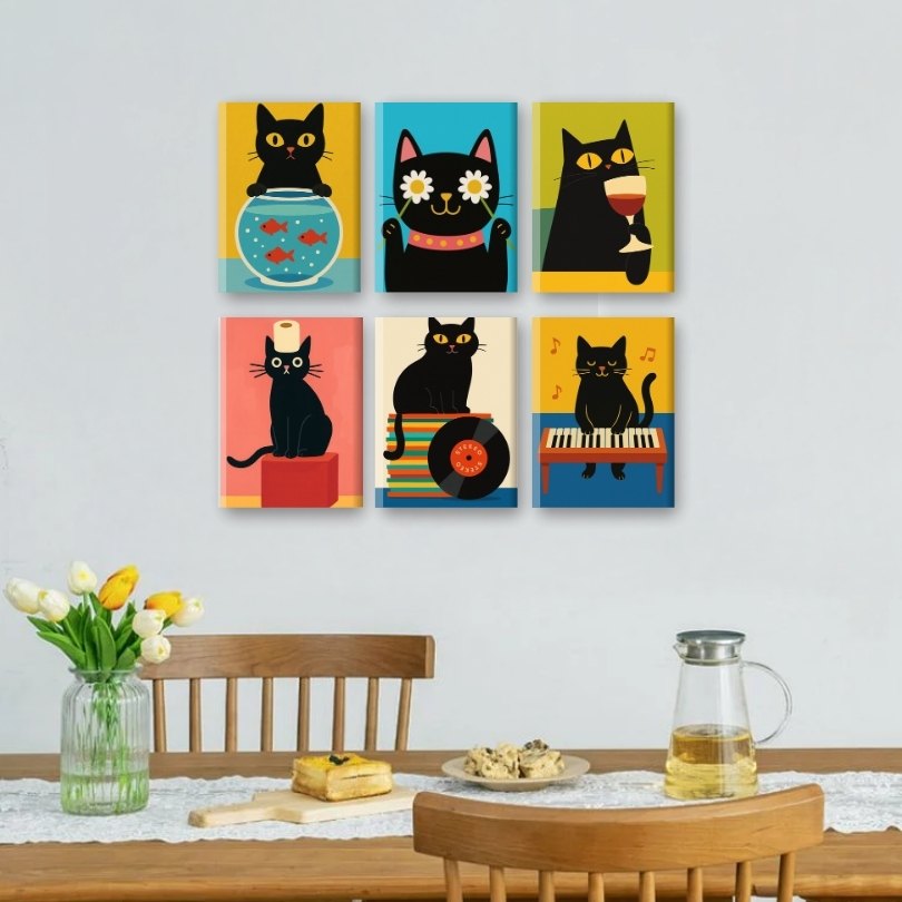 6 Mini-Gemälde | Lustiges Schwarzes Katzen Set