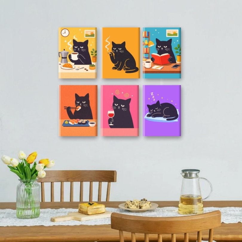 6 Mini-Gemälde | Mürrisches Katzen Set