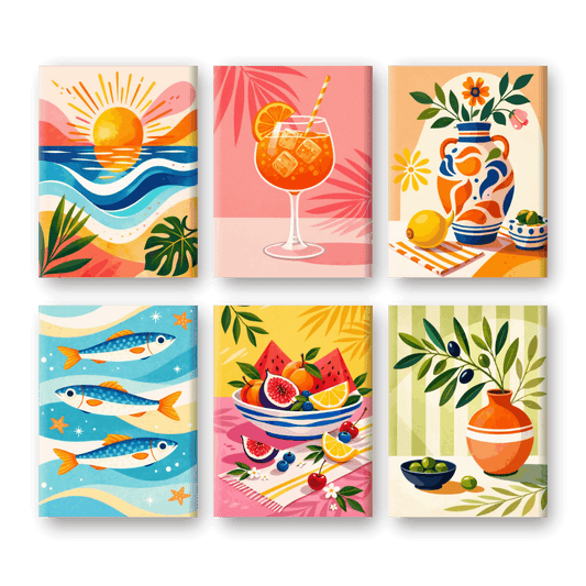 6 Mini-Gemälde | Mediterraner Urlaub Set - Malen nach Zahlen