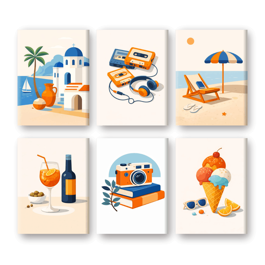 6 Mini-Gemälde | Mediterraner Sommer Set - Malen nach Zahlen
