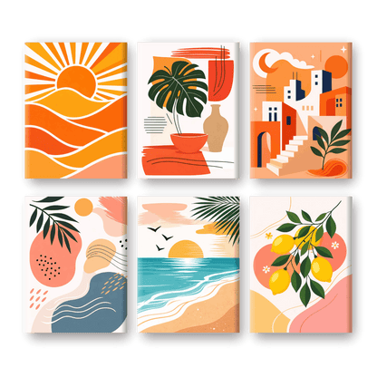 6 Mini-Gemälde | Mediterraner Sonnenuntergang Set - Malen nach Zahlen