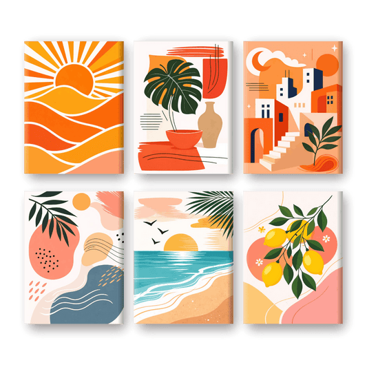6 Mini-Gemälde | Mediterraner Sonnenuntergang Set - Malen nach Zahlen