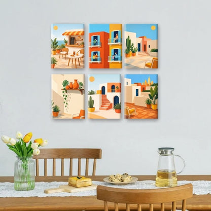 6 Mini-Gemälde | Mediterranes Dorf Set