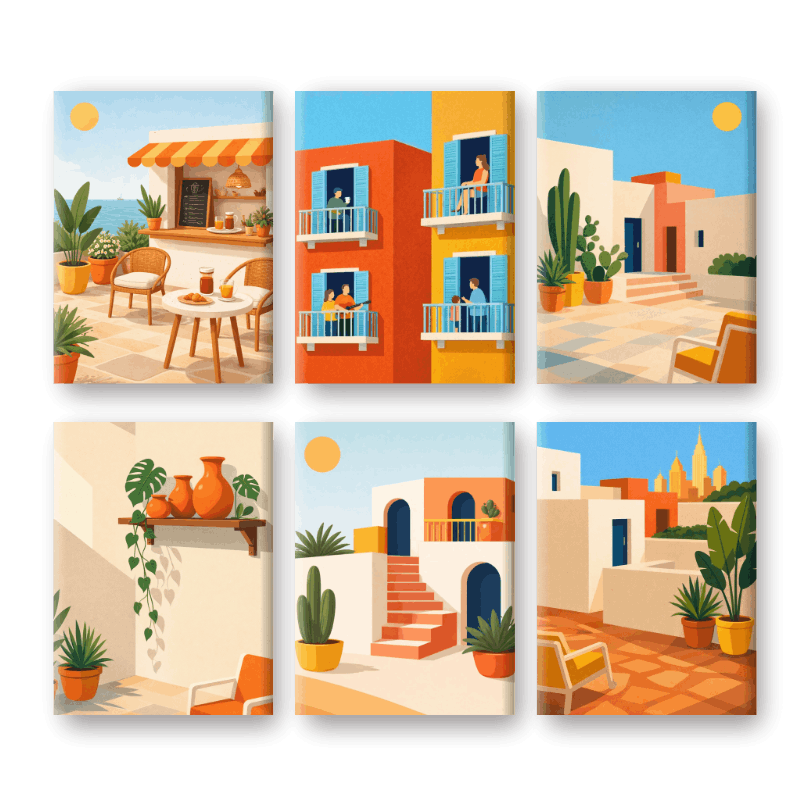 6 Mini-Gemälde | Mediterranes Dorf Set-Malen nach zahlen